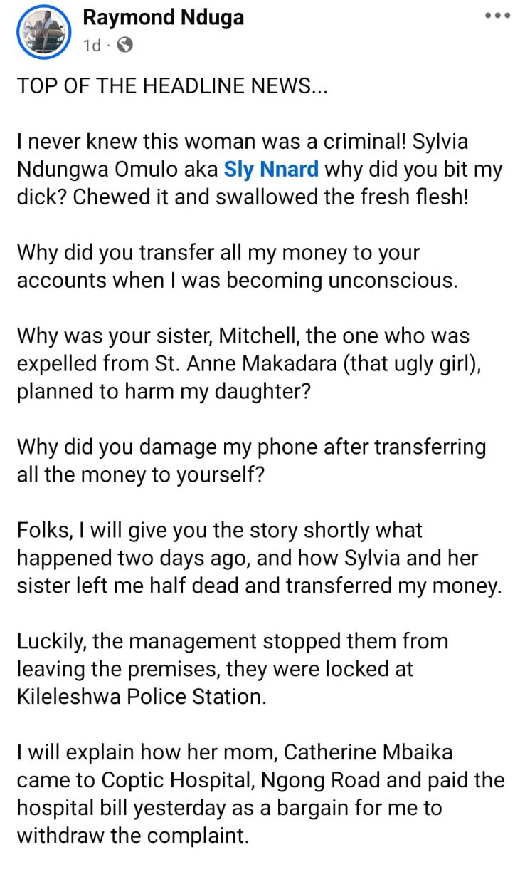 He says she bit off and swallow but he beat his ex so it is payback.
